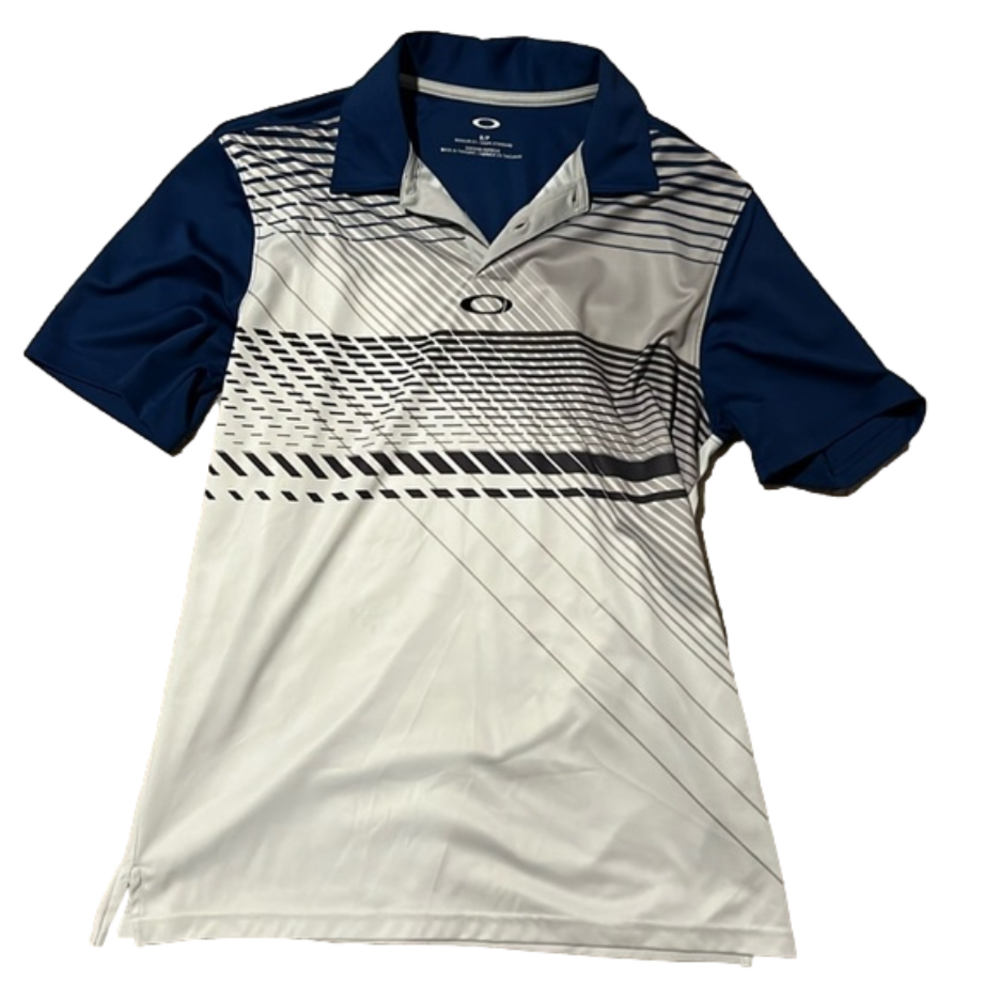 blue and white oakley collared men’s golf shirt